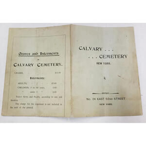 Vintage Rate Card Calvary Cemetery Burial Privilege Certificate 1875